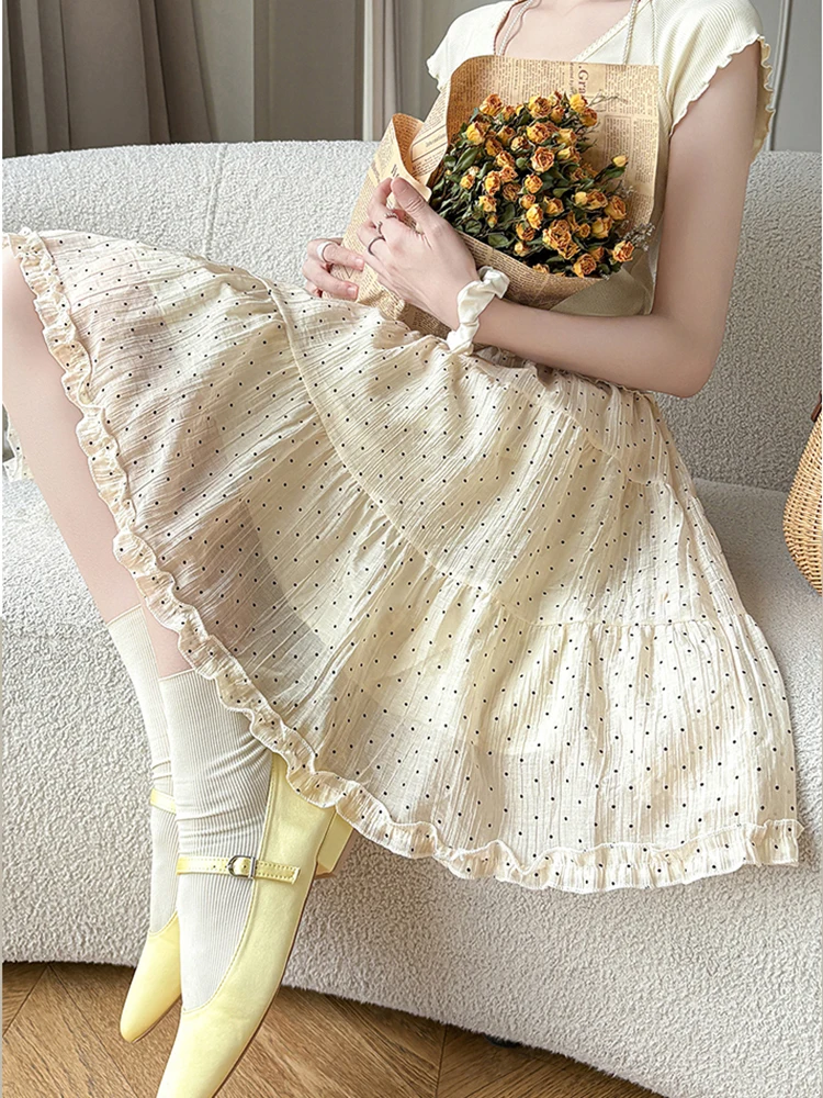 Women's Summer Polka Dot Print Summer Short Skirt Elastic Waist Casual Ruffled Tiered Sweet Knee Length A-Line Skirts White