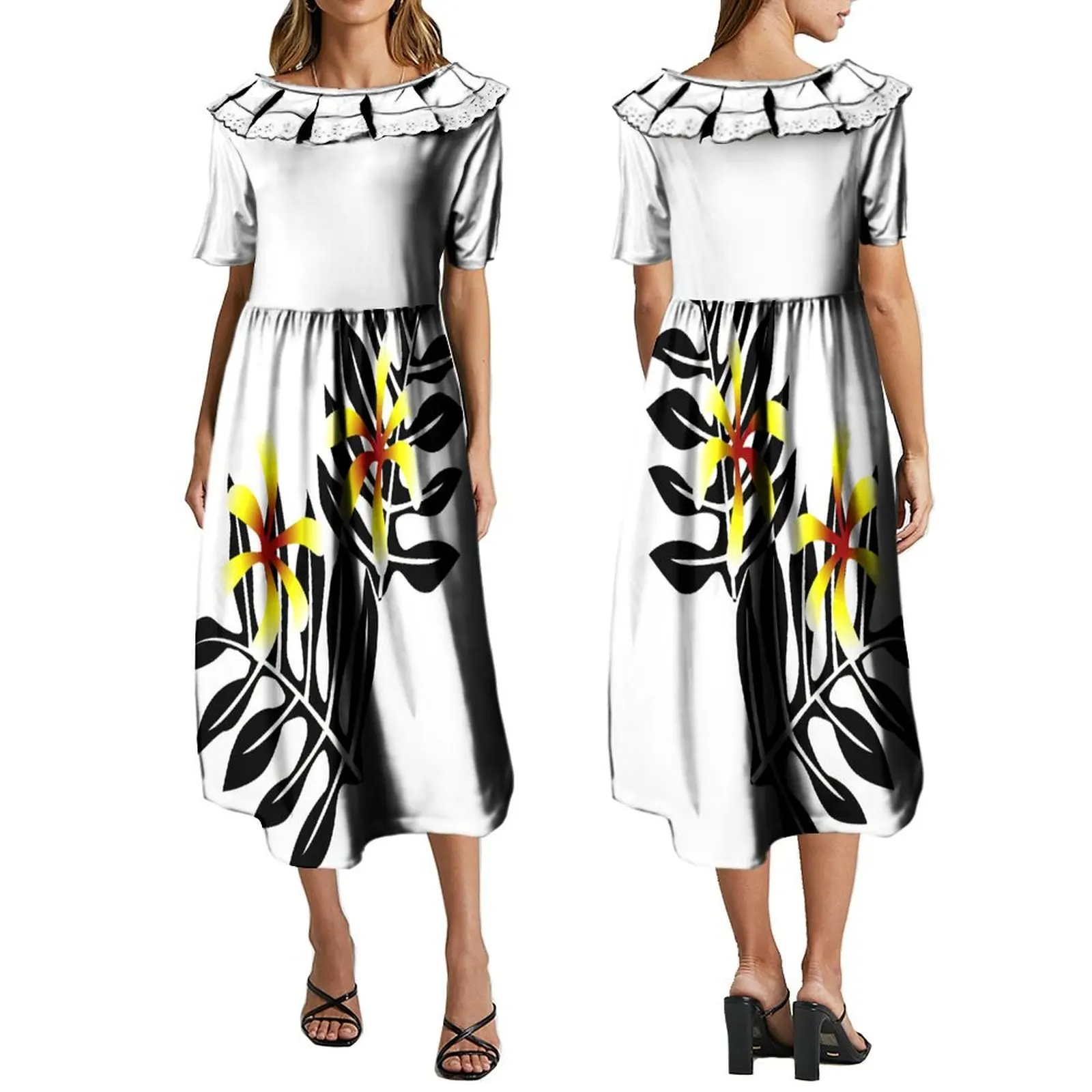 

Polynesian Women Dress Ruffle Cute Elegant MUMU Samoa Fine Women Long Dress Customizable Island Print Women Clothing