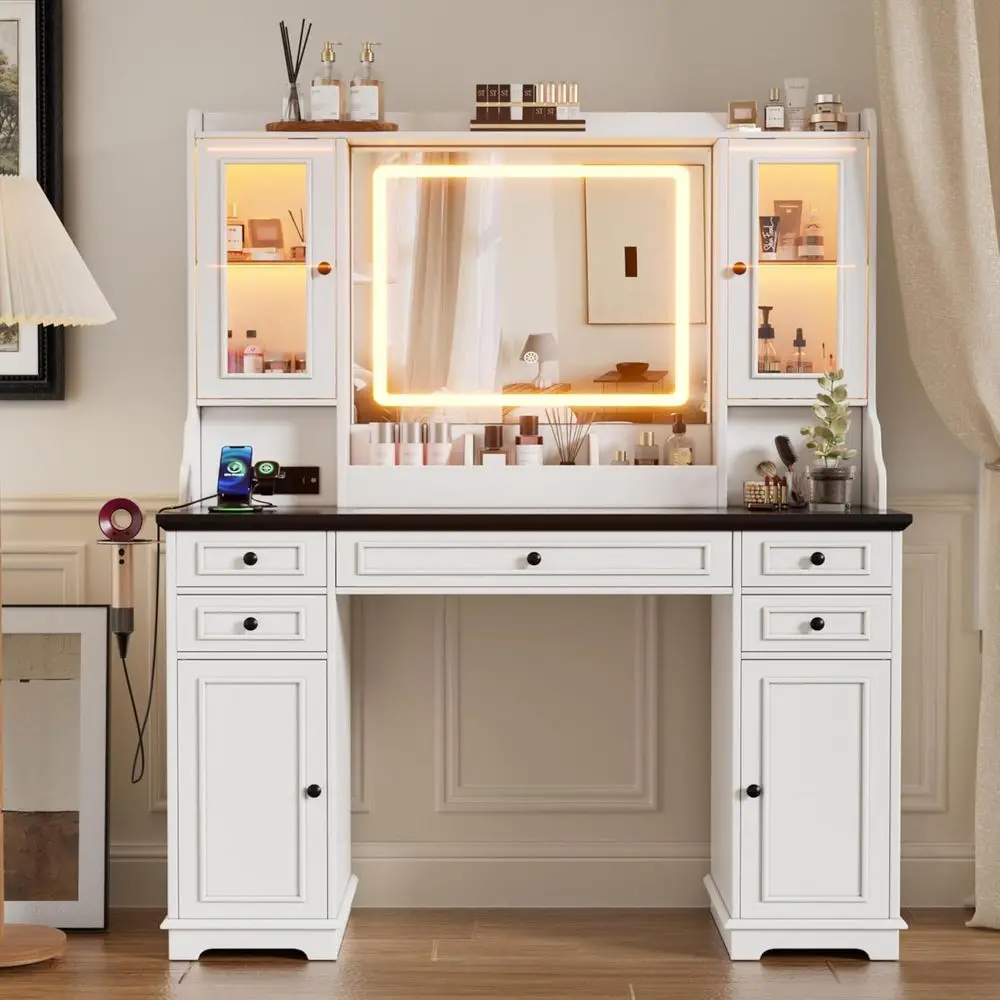 

Туалетный столик PAKASEPT с зеркалом и подсветкой, косметический столик с 3 режимами освещения и зарядной станцией, 5 ящиков, 4 шкафчика, для спальни в стиле кантри