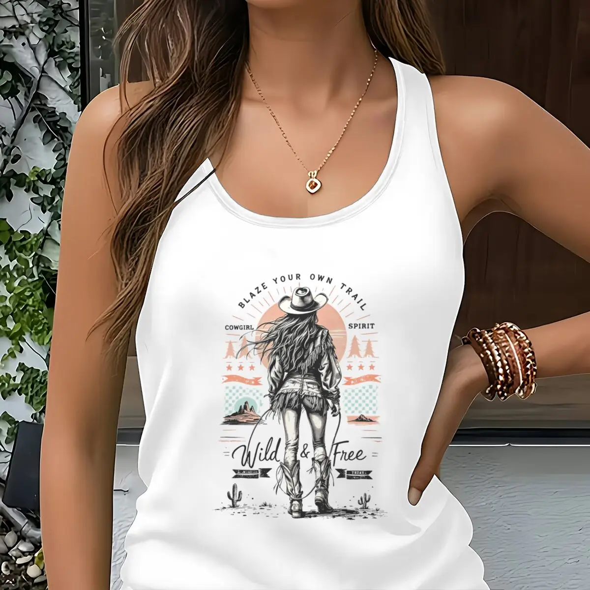 Summer Sleeveless Top Retro Cowgirl Wild and Free Graphic Racerback Tank Top Women Western Cowgirl Spirit Sleeveless Top