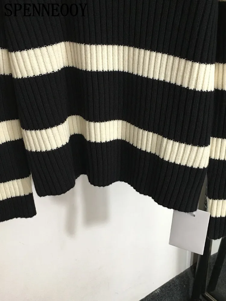 SPENNEOOY Fashion Runway Autumn Winter Striped Knitting Pullovers Women\'s High Neck Loose Long Sleeve Warm Casual Sweaters