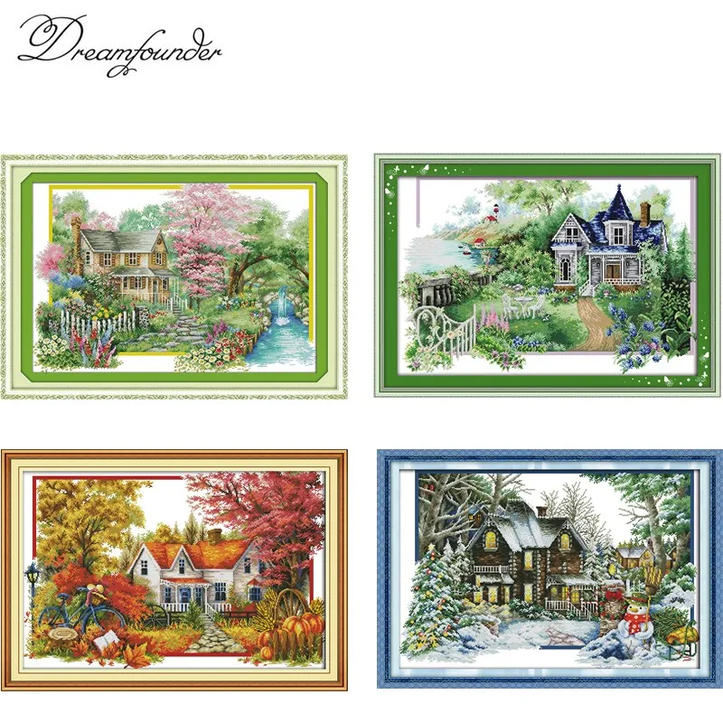 4 SEASON house cross stitch kit  aida 14ct 11ct count print canvas hand sew cross-stitching embroidery DIY handmade needlework