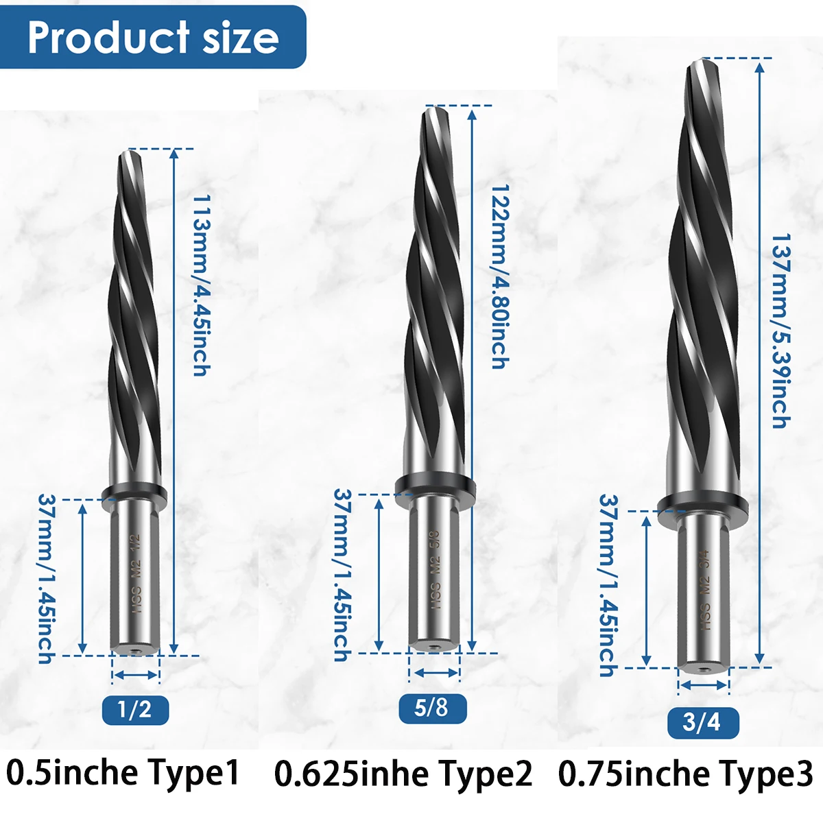 5/8in 3/4in 1/2in Bridge Reamer Tapered Reamer Bridge Construction Reamer Drill Bit HSS with 5 Spiral Flute Align Hole Reamer