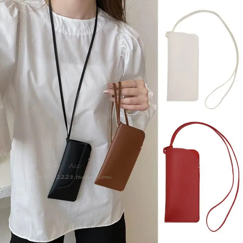 

Korean Lanyard PU Leather Glasses Bag Case Simple Solid Color Sunglasses Storage Bag Neck Hanging Eyewear Bag Trendy Accessory