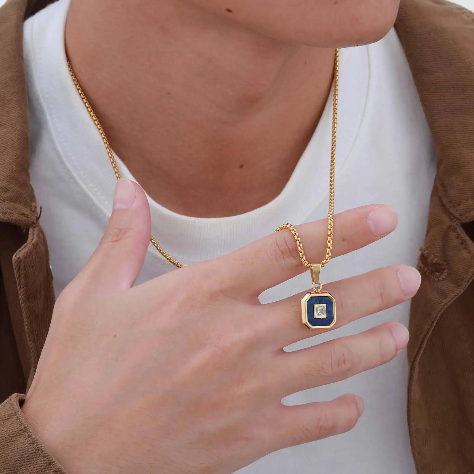 Square Natural Stone Pendant Necklace For Both Men And Women, Unisex Stainless Steel Necklace