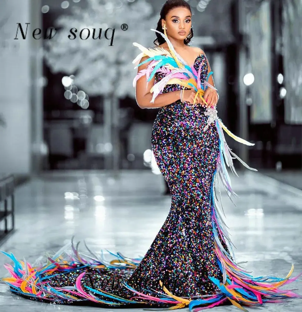 2023 Arabic Aso Ebi Colorful Feathers Mermaid Evening Dresses Unique Design Special Occasions Red Carpet Award Show Party Gowns