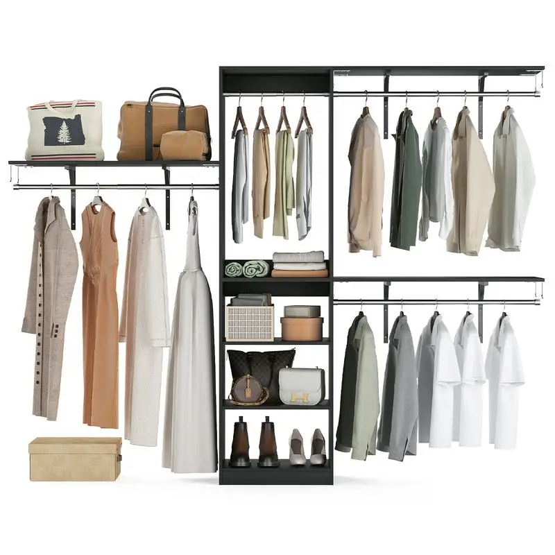 

Heavy-Duty Closet Organizer Clothes Rack, Wood Walk-In Closet System with 4 Hanging Rods & 5 Shelves, Adjustable Wardrobe for