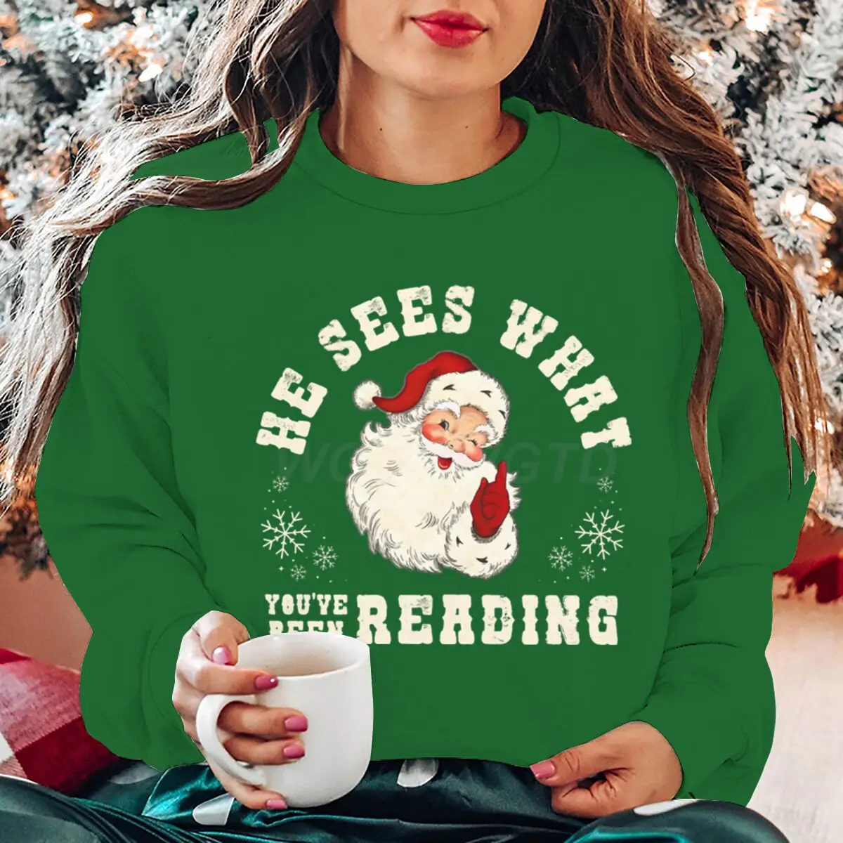 سويت شيرت سانتا كلوز لعيد الميلاد المجيد يرى ماذا كنت قراءة بلوزات جرافيك للنساء ملابس عطلة احتفالية #3