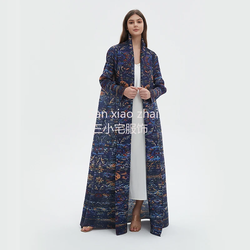 Women's Fashion Abaya Windbreaker Coat Loose Folded Neck Long Sleeve Retro High Grade Navy Blue Print Dress 57 Inch Robe 2024