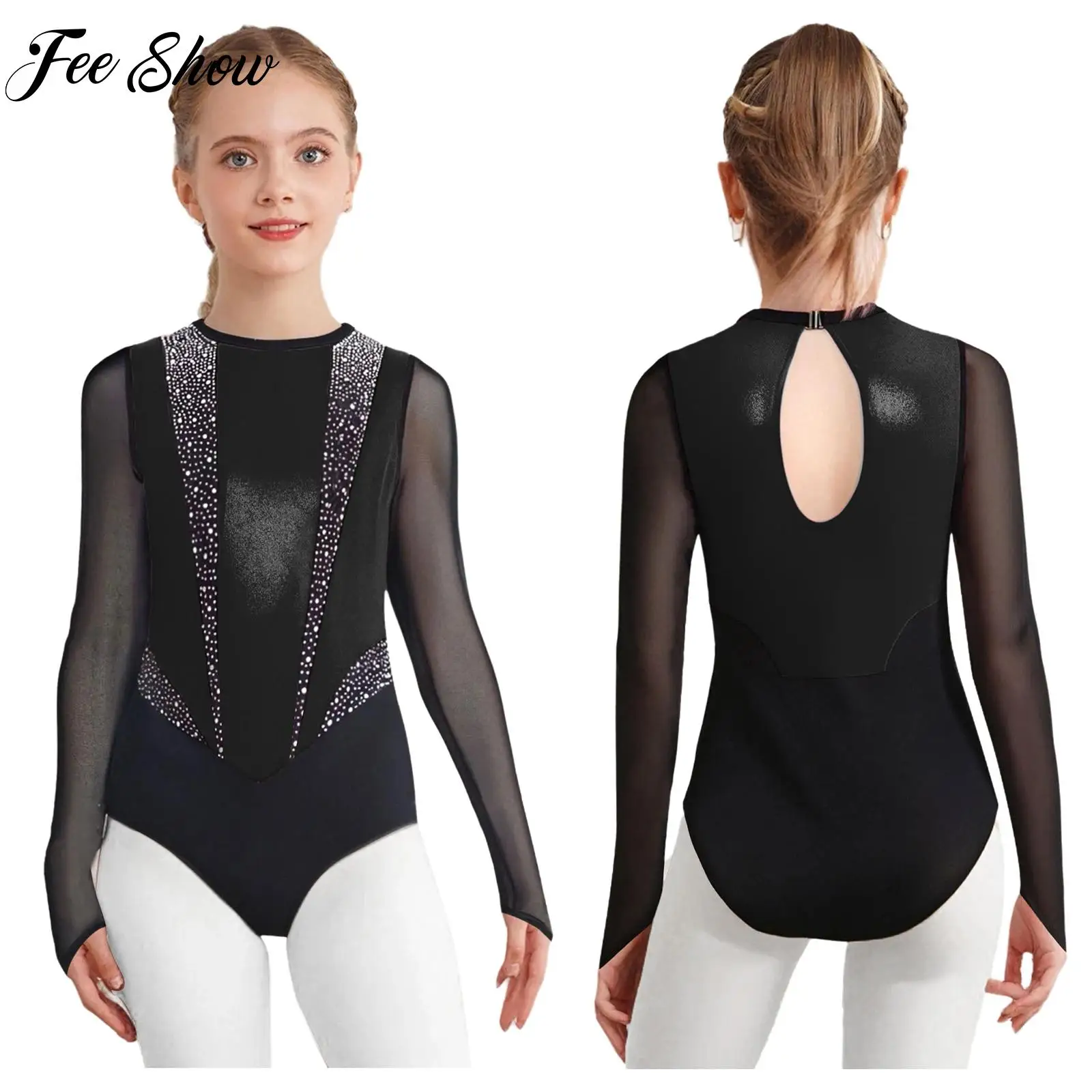 

Kids Girls Figure Ice Skating Leotard Rhinestone Sheer Mesh Long Sleeves Bodysuit for Dance Ballet Gymnastics Performance Party