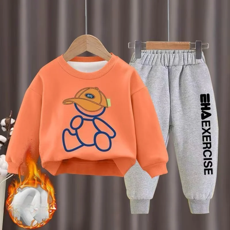 Kids Clothes Boys & Girls Autumn fleece-lined Top & Pants 2 Pieces Sets Teenage Boy & Girl Winter Cartoon Bear Tracksuit Outfit