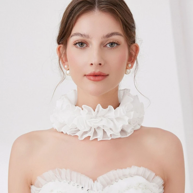 

White Layered Ruffle Cosplay Collar Accessories Wave Retro Court Stand Collar Costume Neck Ruff False Collar Wrist Cuffs