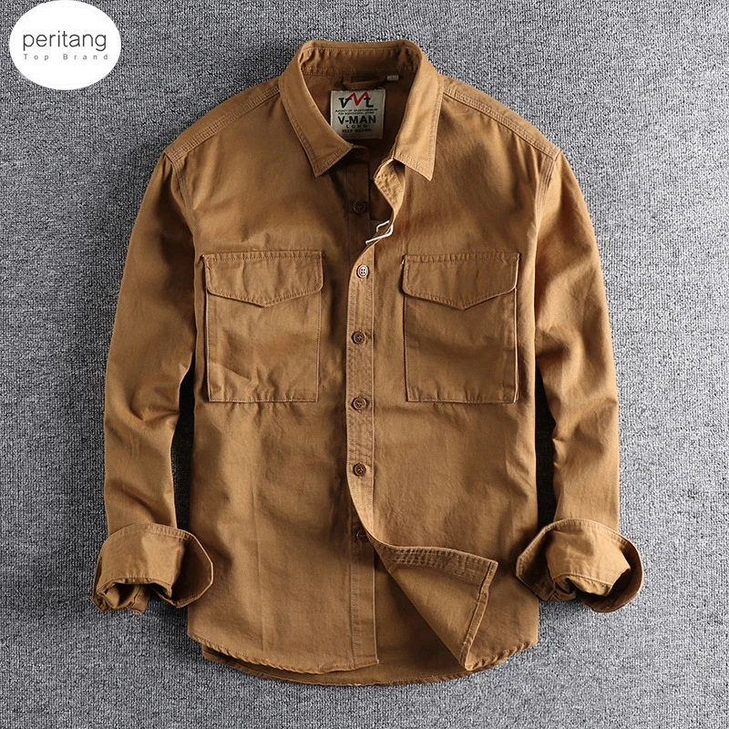 

PERITANG Spring Autumn American Retro Corduroy Solid Color Cargo Shirt Men's Pure Cotton Long-sleeved Pocket Casual Blouses Coat