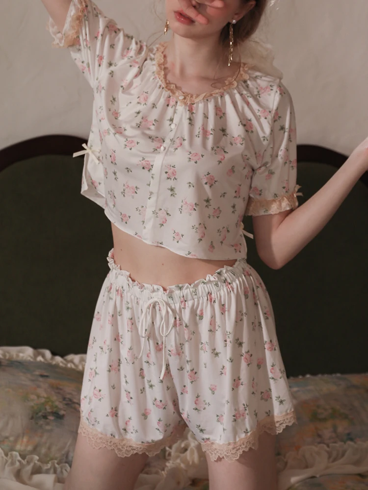 

Summer Gilrs Two Pieces Short Sleeve Pajamas Thin Sweet Flower Elastic Waist Homewear Set Loose Soft Adjustable O-Neck With Bow