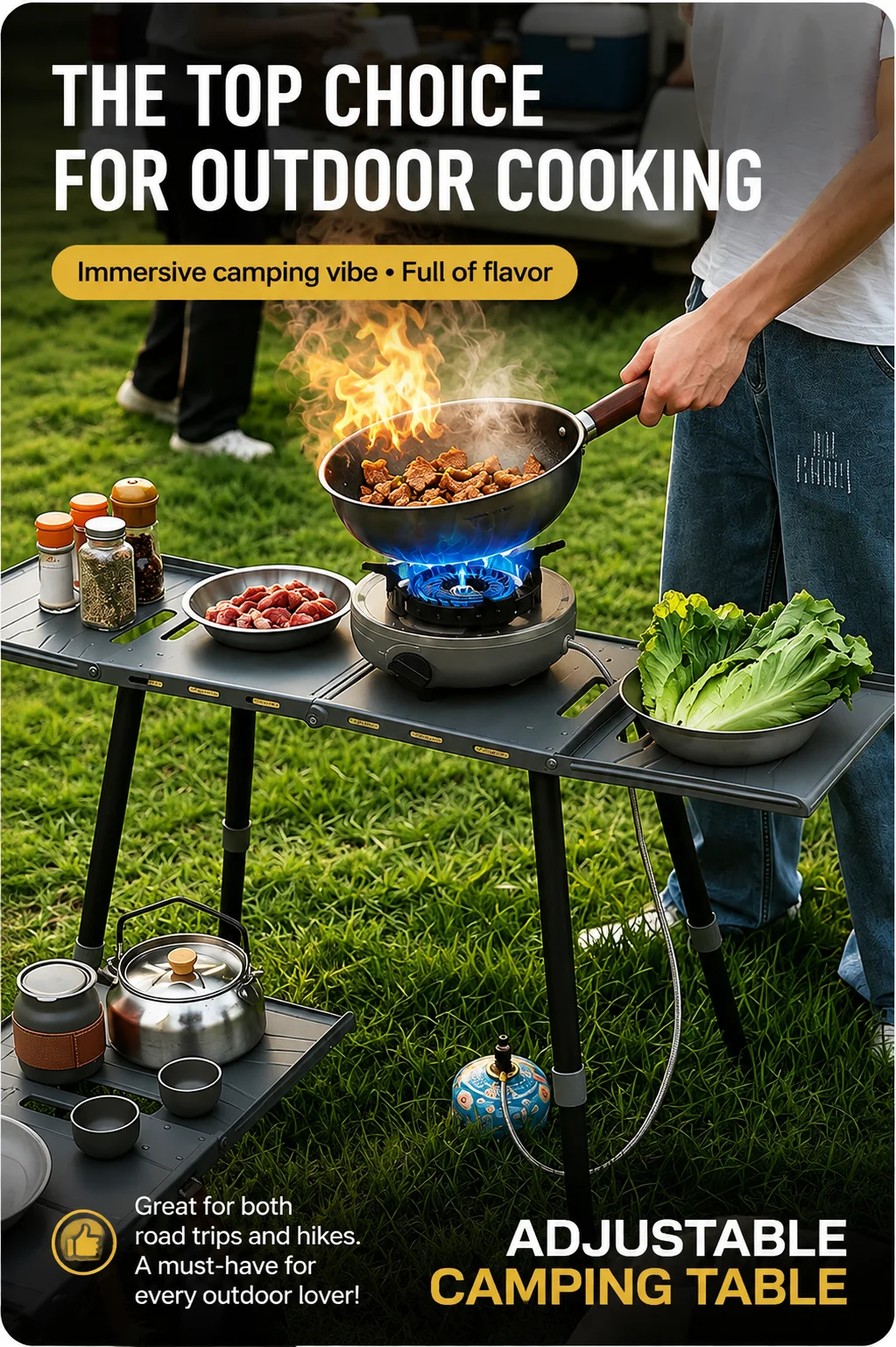 Klappbarer Campingtisch, leichter Outdoor-Tisch mit 4-stufig verstellbaren Beinen, multifunktionaler Kochtisch, Windschutz & Tasche – Detail 13