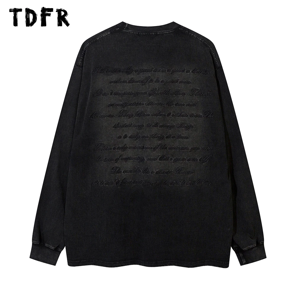 

Letter Embroidery Long Sleeve T-shirt Mens Washed Cotton Autumn Streetwear Loose Crew Neck Tee Men