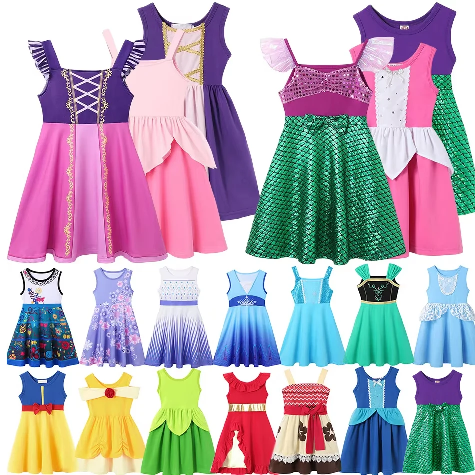 2-10Y Cute Girl Princess Style Summer Vest Dress Cotton Knee Length Sundress Toddler Elsa Anna Role Play Clothing