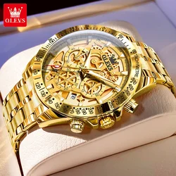 OLEVS Lxuxry Brand Gold Men's Watches Full Skeleton Stainless steel Chronograph Wristwatch Waterproof Luminous Quartz Watch Men