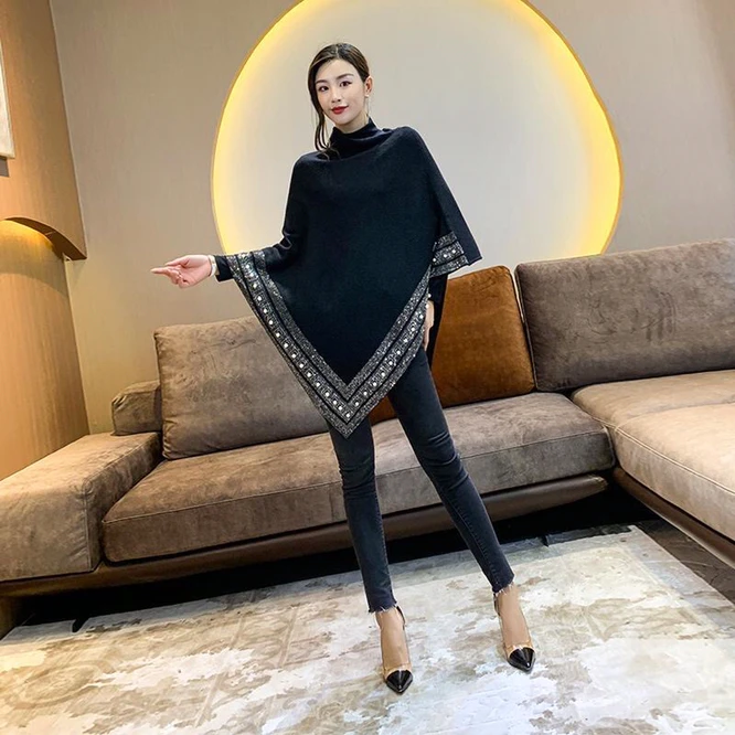 New Autumn Fashion Winter Diamonds Knit Wool Shawl Cloak Loose Plus Size Solid Woman Poncho Cape Pullover  Pearl Girl Black