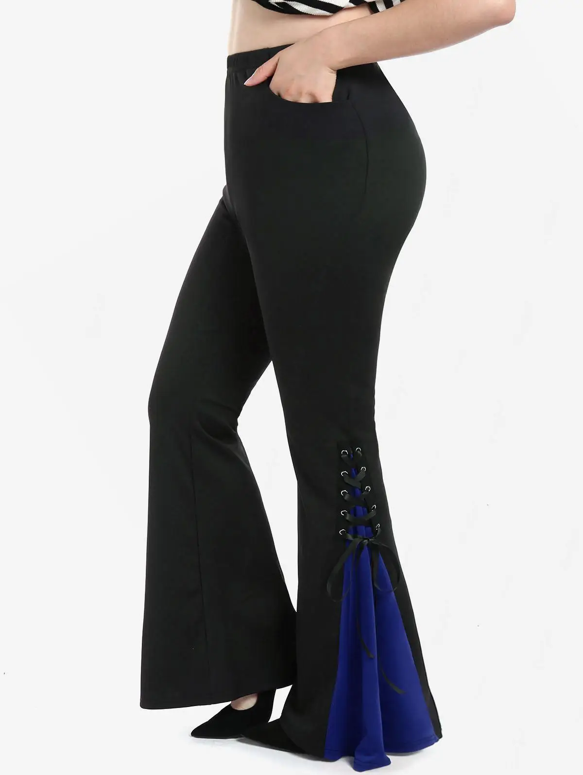 Plus Size Gothic Lace Up Hem Flare Pants Women High Waisted Stretchy Contrast Godet Trousers Mujer Bell Bottom Pants 4XL
