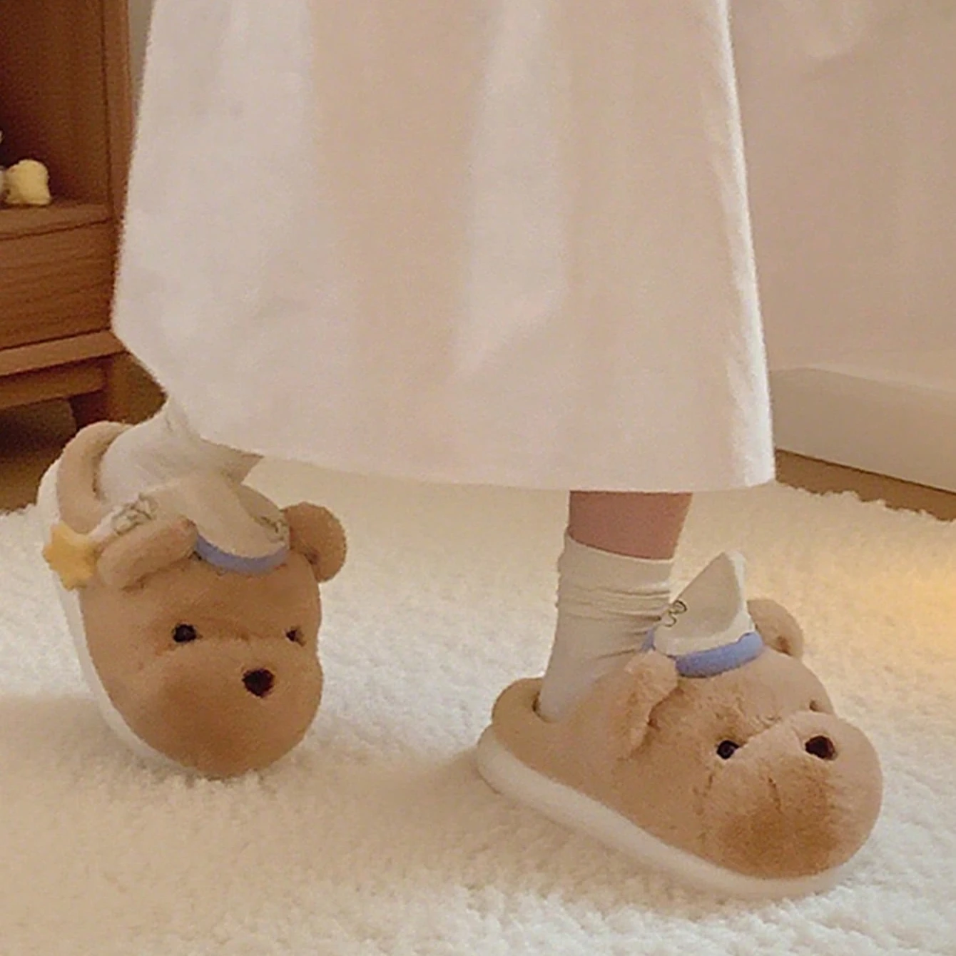 Women House Fur Slippers Casual Cute 3D-shaped Sleeping Cap Bear Design Khaki Winter Indoor Non-slip Warm Soft Soles Comfy Home
