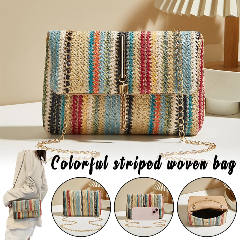 

1pc Chic Rainbow Woven Straw Handwoven Women's Shoulder Bag, Fashion Solid Color Stripe Chain Crossbody Purse