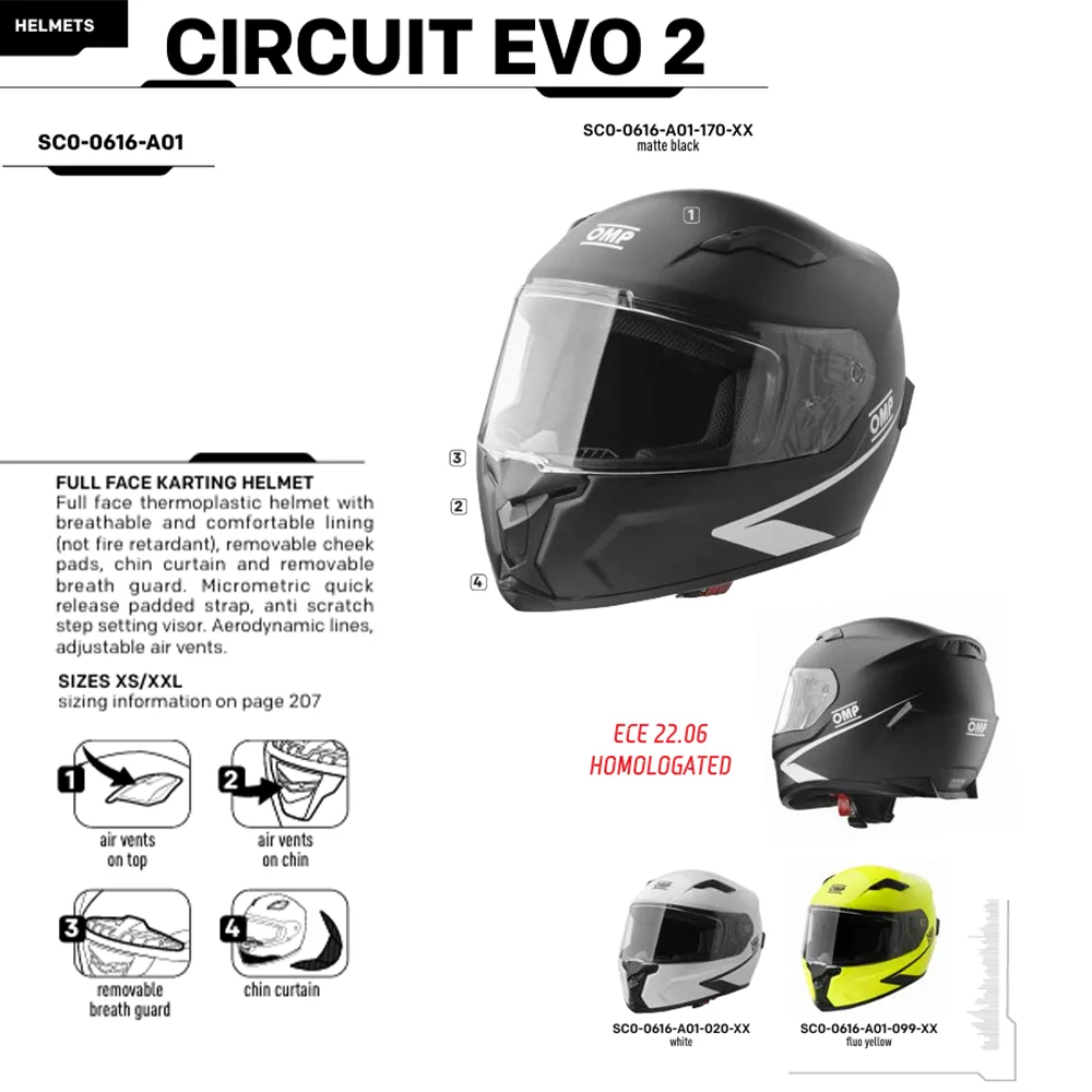 OMP Italian Brand SC0-0616-A01 CIRCUIT EVO2 Helmet - Genuine, Professional Karting Racing Gear