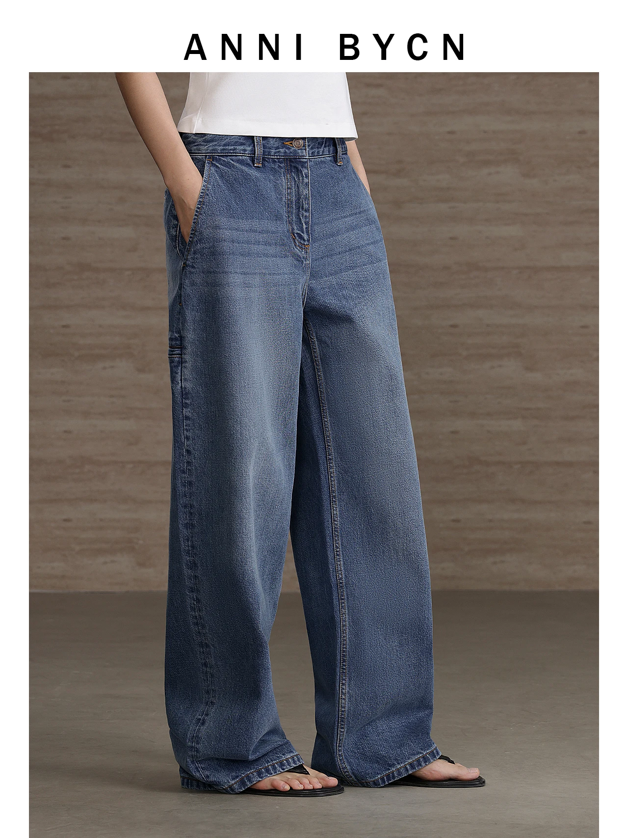 

Annibycn High Waist Straight Leg Cotton Denim Jeans Women Loose Wide Leg Pants Long Trousers Washed Blue Comfortable Slimming