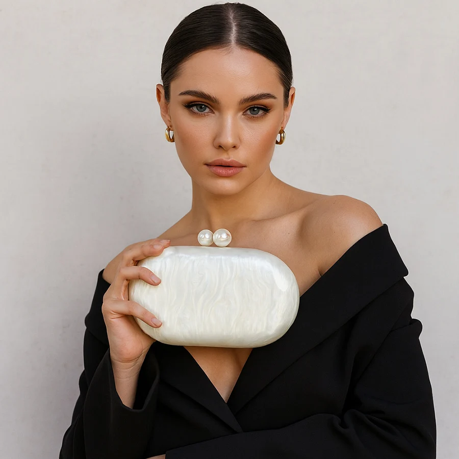 Fashion Oval Women Evening Bag Elegant Novelty Shell Shaped Clutch Acrylic Long Chain Shoulder Bag Party Dinner Banquet Handbags