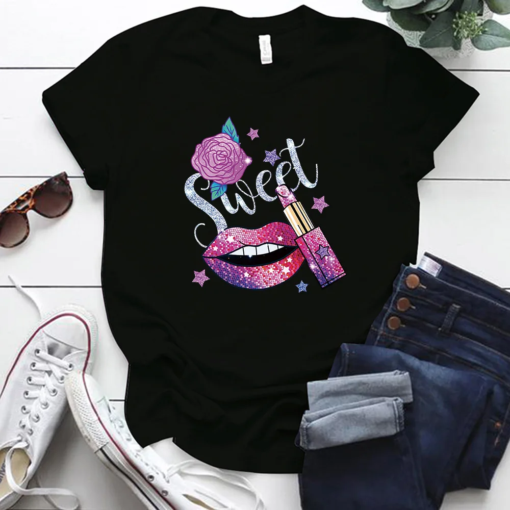 

Sweet Shiny Lip Lipstick Print Women T Shirt Short Sleeve O Neck Loose Women Tshirt Ladies Tee Shirt Tops Camisetas Mujer