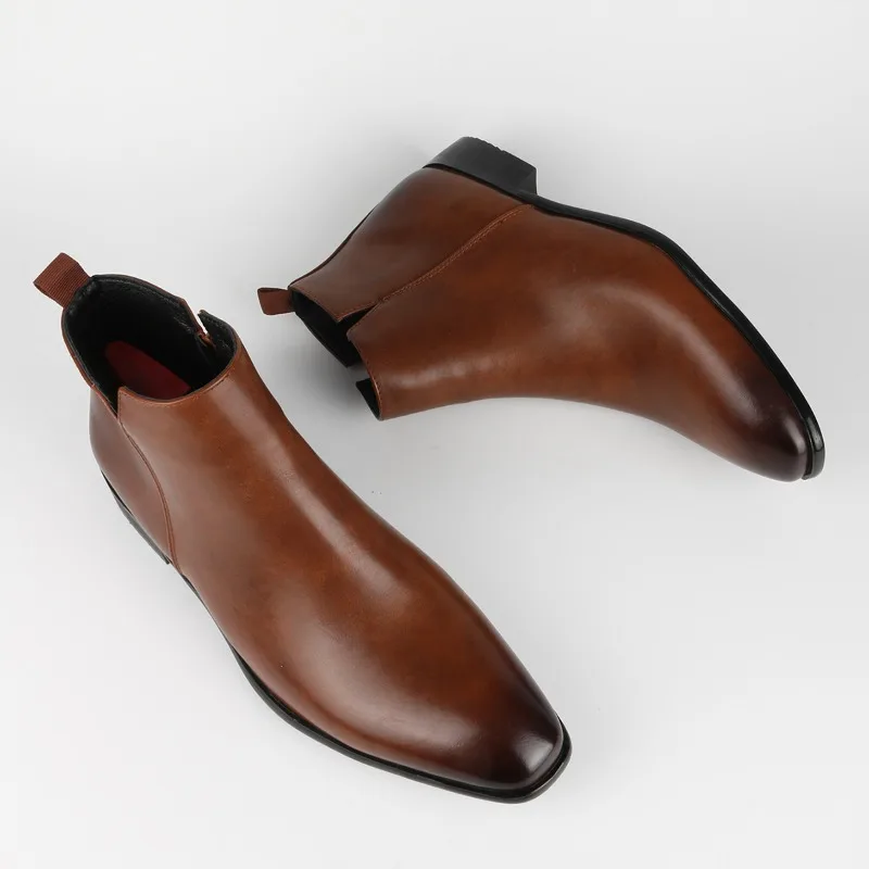 Men's Chelsea Boots High Quality Square Head Men Shoes Versatile Fashion Mens Short Boots Trend Leather Ankle Boots Botas Hombre