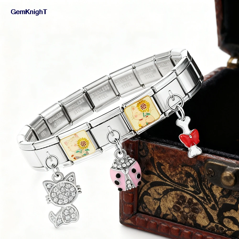 1개 실버 컬러 참 돌고래 고양이 강아지 집 딱정벌레 이탈리안 링크 9mm 스테인리스 스틸 쥬얼리 제작 팔찌 펜던트 DIY