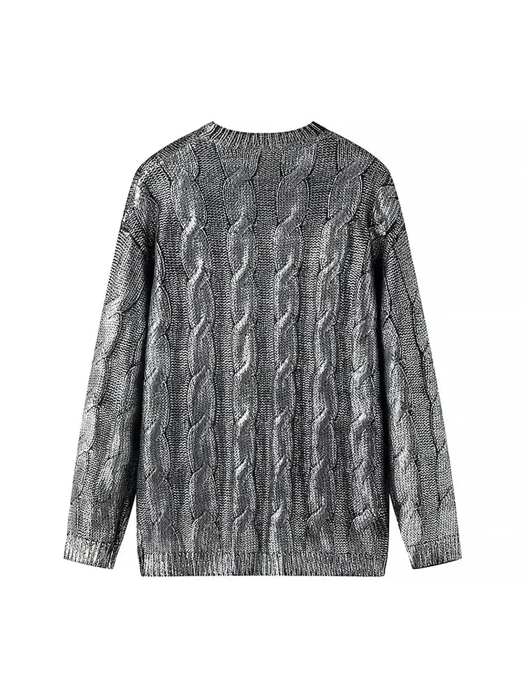 TRAF 2024 Autumn Silvery Foil Sweater Women Metallic Knitted Sweaters for Women Pullovers Top Long Sleeve Cable Sweater