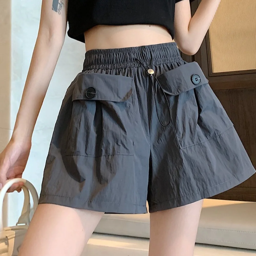

Fashion Loose High Waist Shorts Drawstring Lace Up Wide Half Leg Pants Large Pocket Streetwear Cargo Pants Female