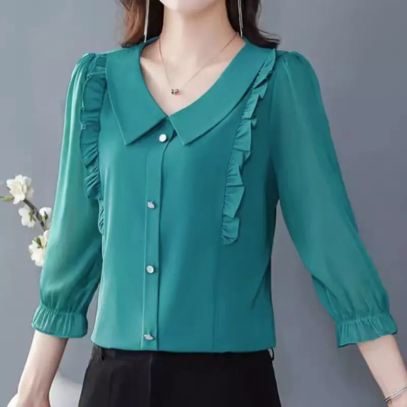 Women Korean Fashion Ruffle Elegant Button Shirt Spring Summer Casual Three-quarter Sleeve Blouse Solid Loose Tops Blusas Mujer