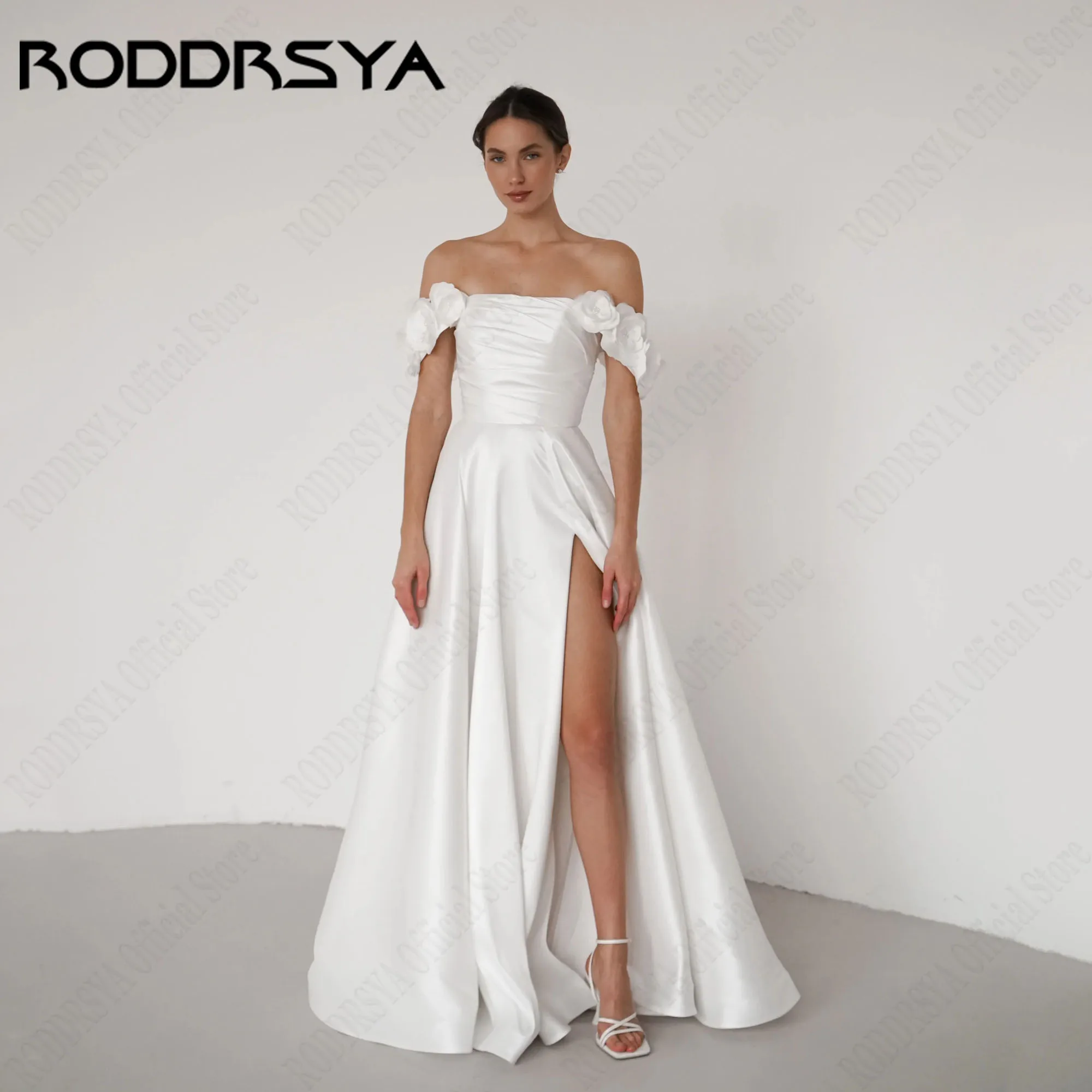 RODDRSYA Satin 3D Flowers Wedding Dresses Off Shoulder A-Line Side Slit robe de mariée Strapless Simple Bride Gowns Customized