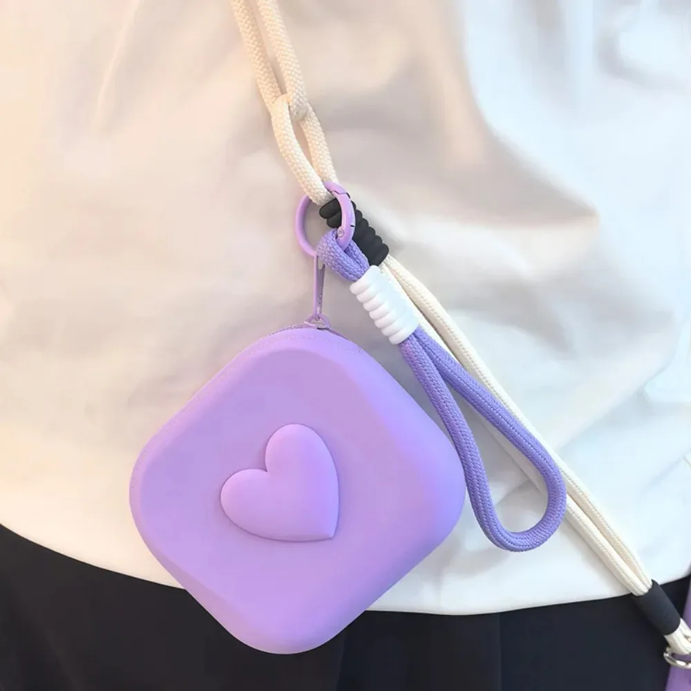 Heart Silicone Square Coin Purse Handheld Lanyard Waterproof Earphone Key Card Storage Pouch Portable Daily Outdoor Organizer