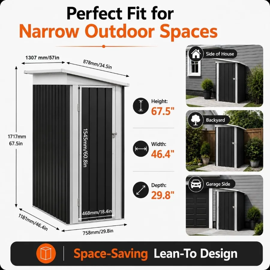 Outdoor metal storage shed for feet and garden tools, gray finish with rust-resistant coating and compact design