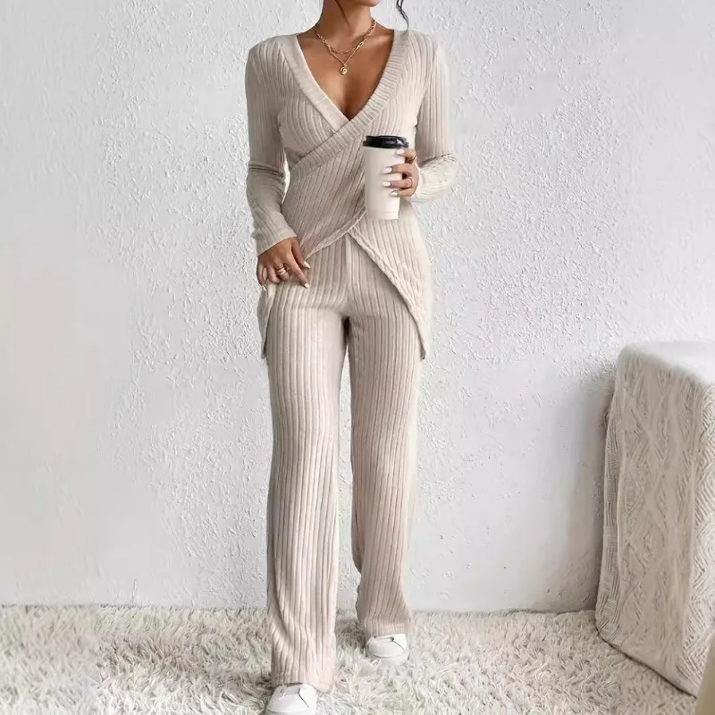 

New Slim-fit Long-sleeved Loose High-waisted Top and Pants Set From Amazon Cross-border Bestseller in Europe and America Fashion
