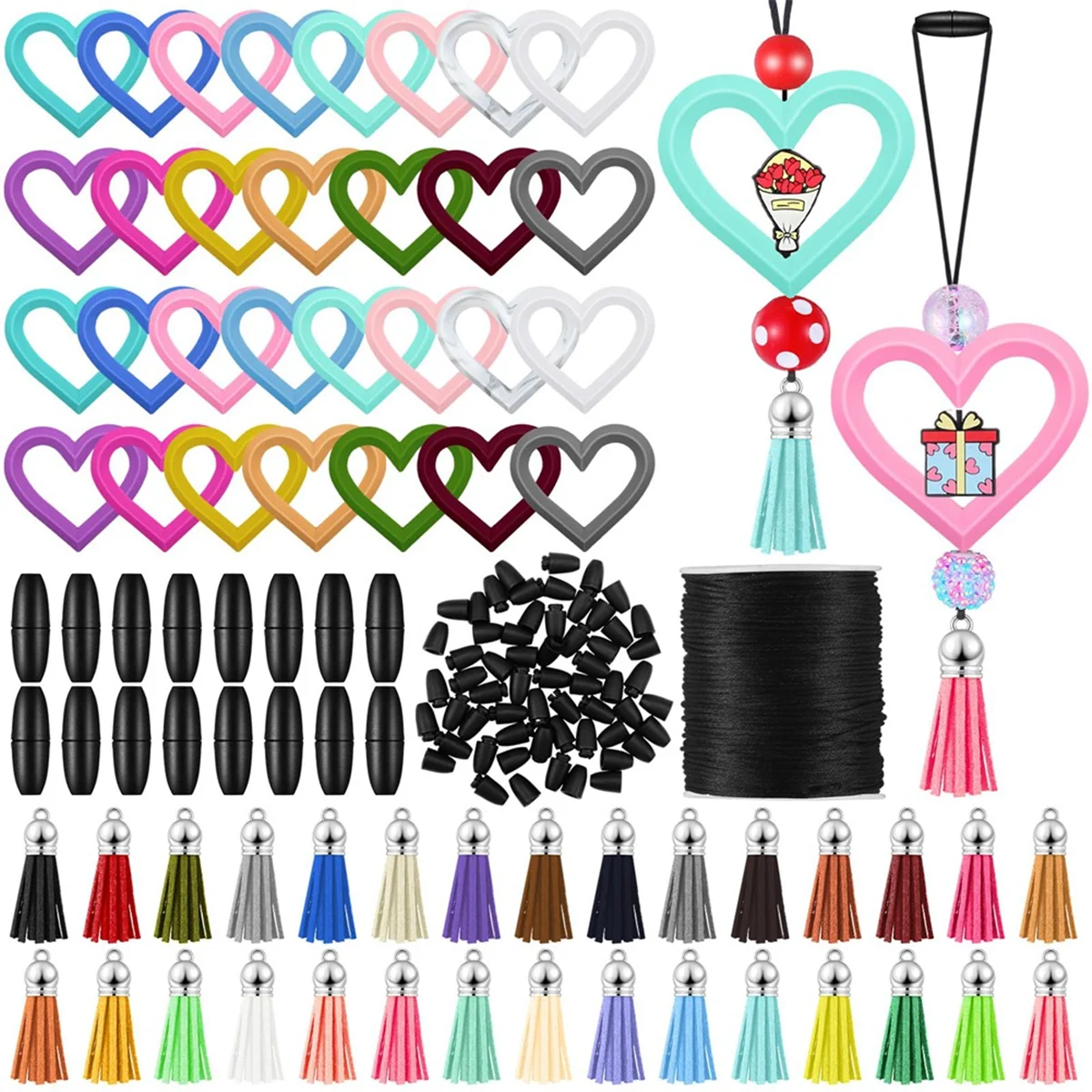 30 Sets Silicone Beaded Ring Making Kit 65mm Round Silicone Bead Ring and Keychain Tassel Pendant Black Buckle for DIY