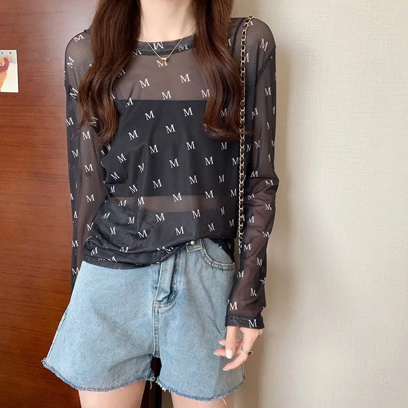 Estilo coreano malha de seda gelo protetor solar topo feminino verão manga longa camiseta moda solta ajuste praia cobrir casual interior wear