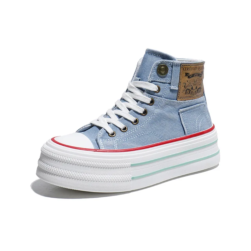 35-40 Women Denim Short Boots Thick Sole 5CM Height Increasing Female Canvas Shoes High Top Lace Up Patchwork Upper All Match image 5