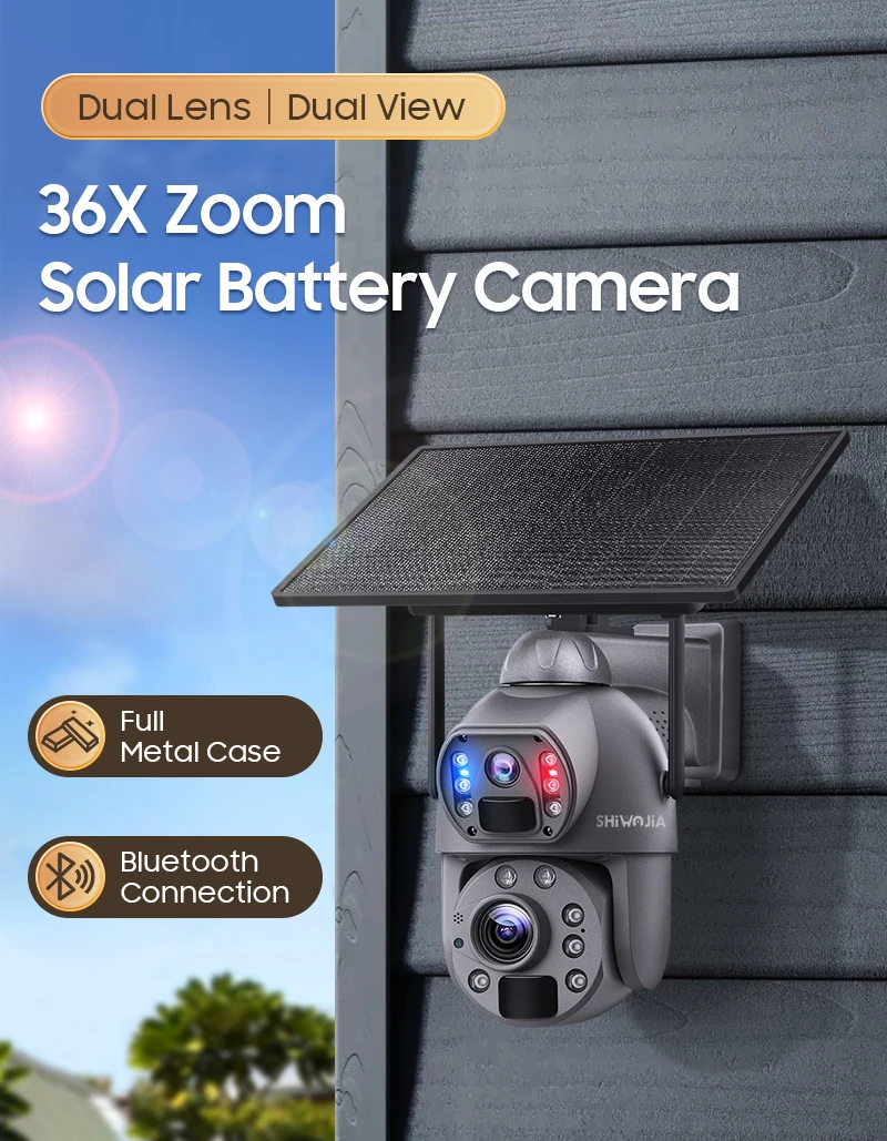 SHIWOJIA 36X ZOOM 12MP 4G SIM Solar Camera Outdoor 360° Wireless WIFI Battery Security Cameras with Solar Panel PIR Night Vision