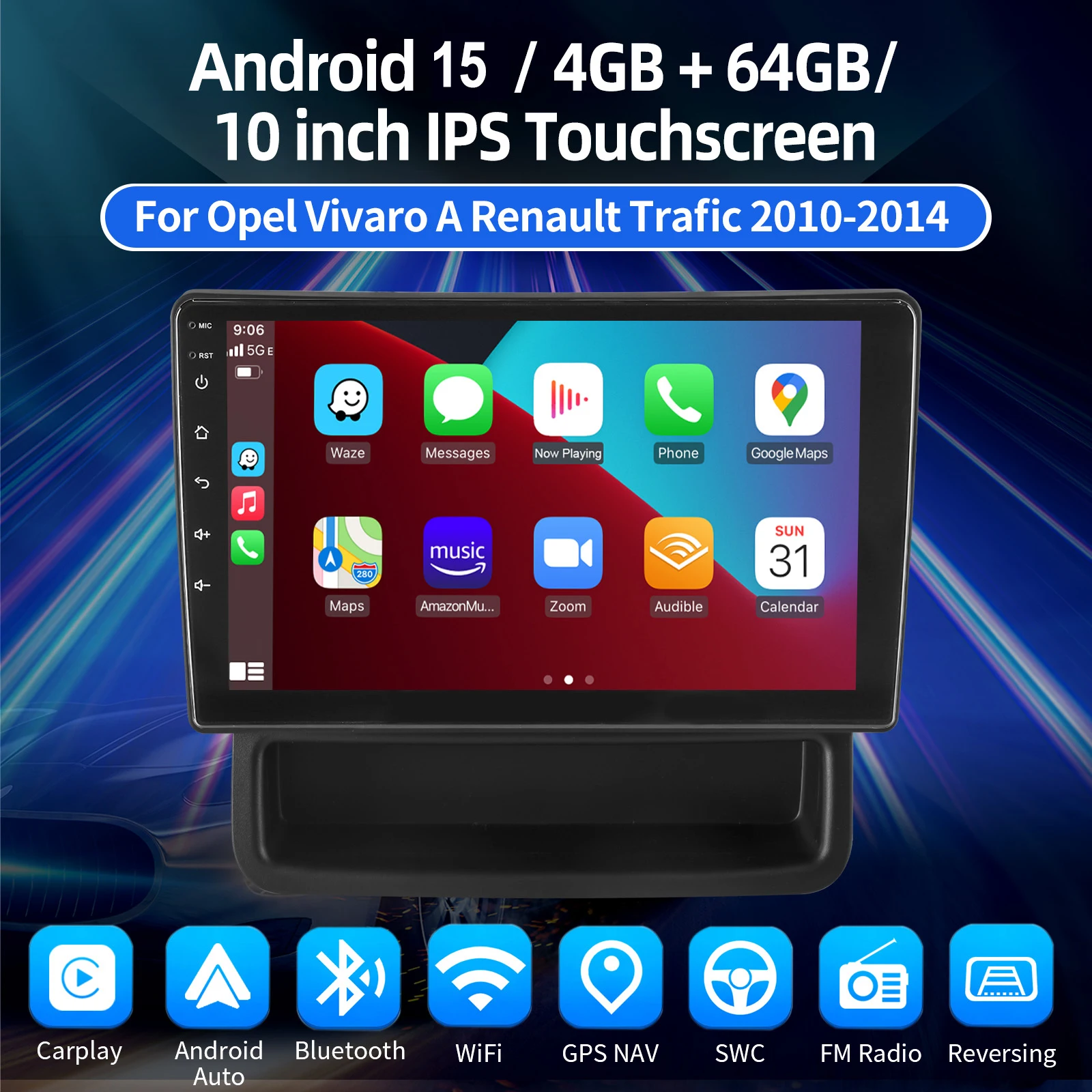 ESSGOO Android 15 10.1 Zoll IPS Touchscreen Für Opel Vivaro A Renault Trafic 2 Apple Carplay Autoradio GPS Navigation WIFI Lenkradfernbedienung RDS FM Bluetooth USB Spiegel Link ASP Sound Canbus Geteilter Bildschirm – Detail 2