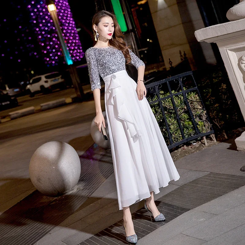 It's Yiiya Evening Dress White O-neck Silver Sequins Chiffon Short Sleeves Formal Gowns Half Sleeve robe de soiree Plus size