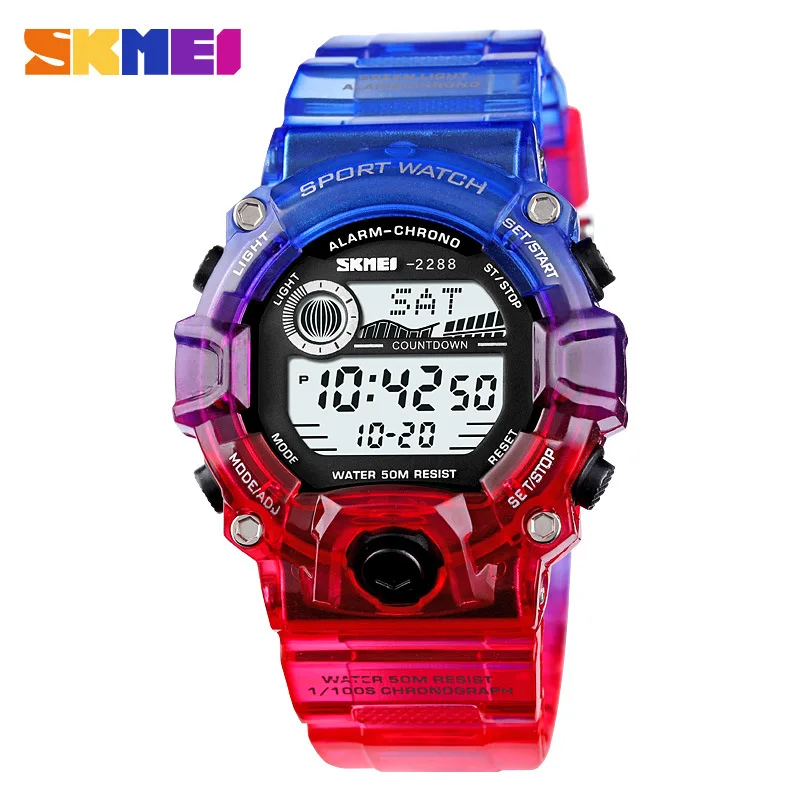 Skmei Спортивные студенческие электронные часы на открытом воздухе Водонепроницаемые светящиеся многофункциональные часы Модные красочные электронные часы