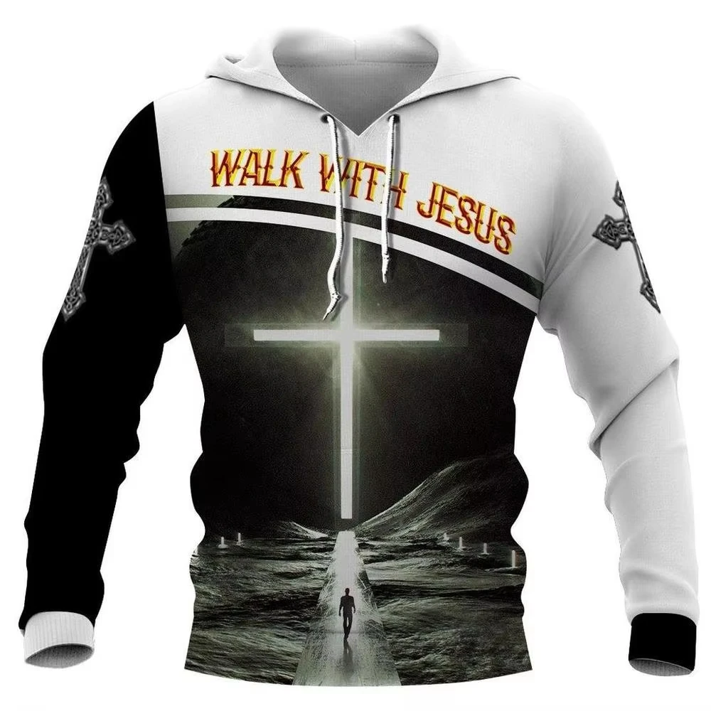 Sudaderas con capucha con estampado 3D de cruz de Jesús para hombre, jersey con capucha de manga larga con patrón fresco Vintage, Top cómodo informal diario a la moda