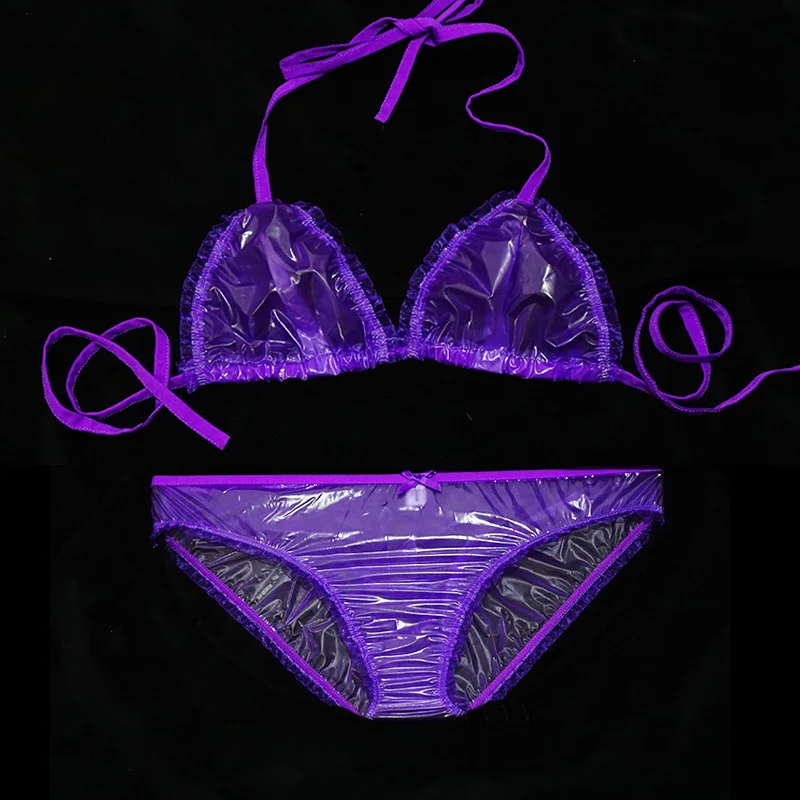 Lady Sexy PVC Lingеrie Set Seduction Transparent Thin Soft Bikini Waterproof Lace Plastic Briefs Lingеrie Set Fetish Underwear