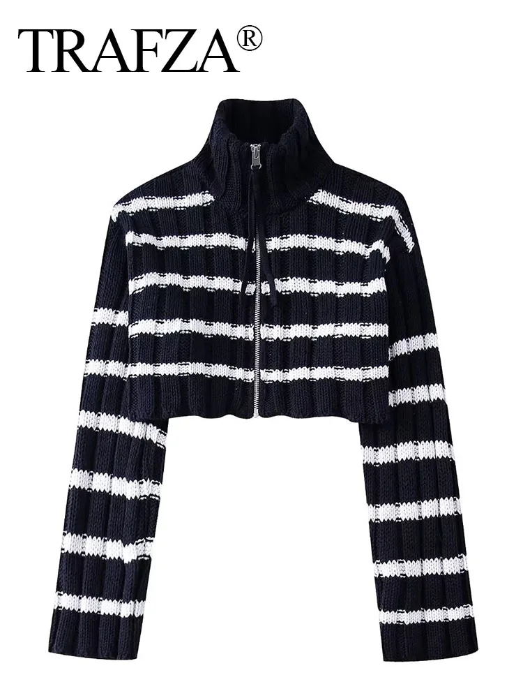 

TRAFZA Women Summer Fashion Knitting Cardigan Black White Striped Casual Zipper Top Female Popular Elegant Sweater Mujer TRAF