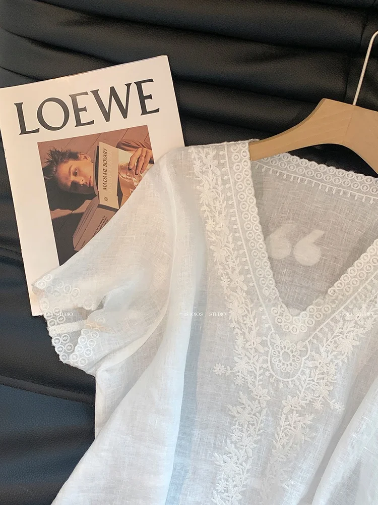 Ele v-ne brodé coton lin irt femmes ort Sve haut amincissant été nouveau Sle polyvalent coréen Sle trajet